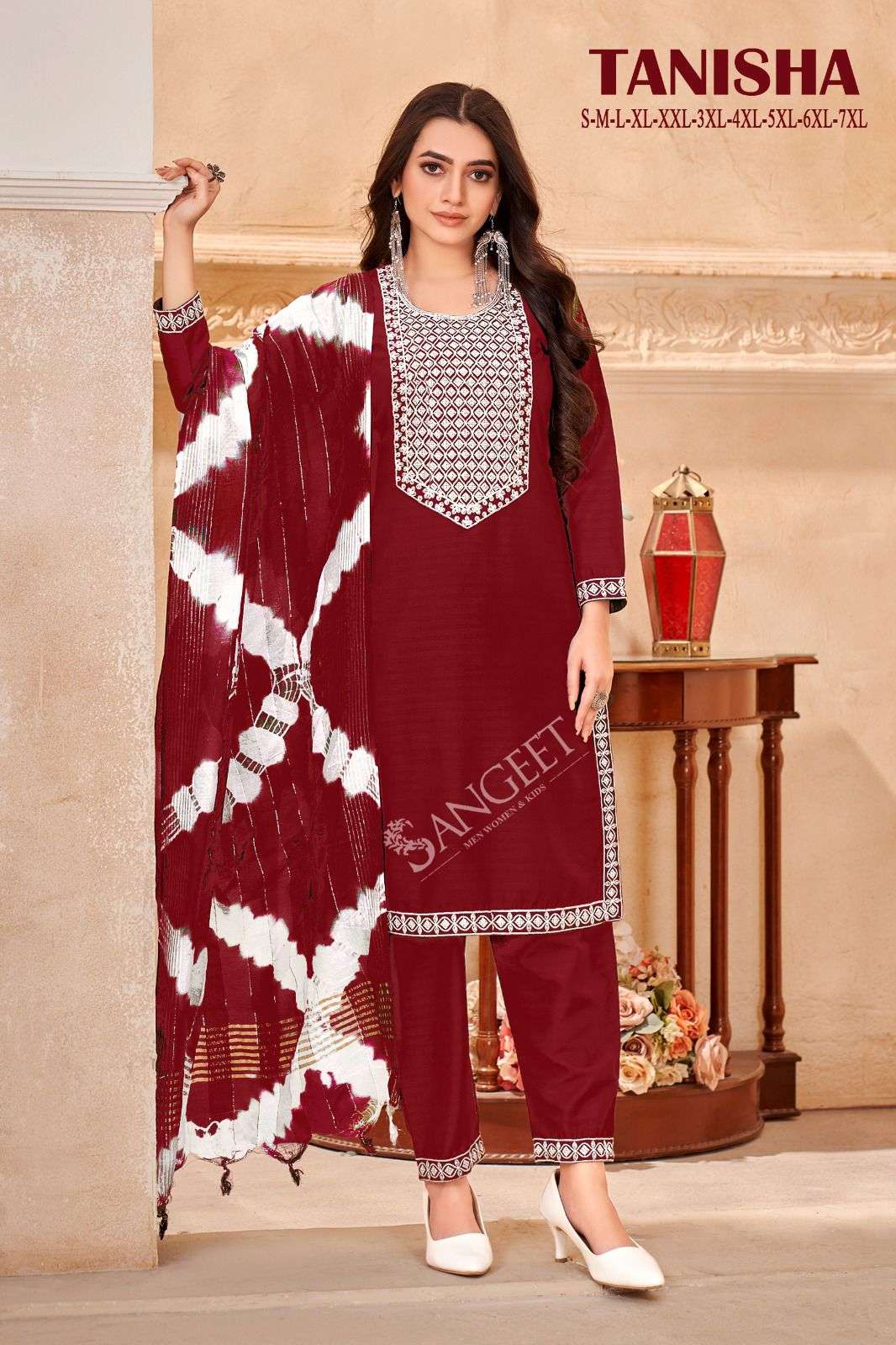 TANISHA VISCOSE RAYON WHITE EMBROIDERY SEQUENCE WORK KURTI WITH PANT AND CORONA SHADED DUPATTA BY SANGEET BRAND 1001